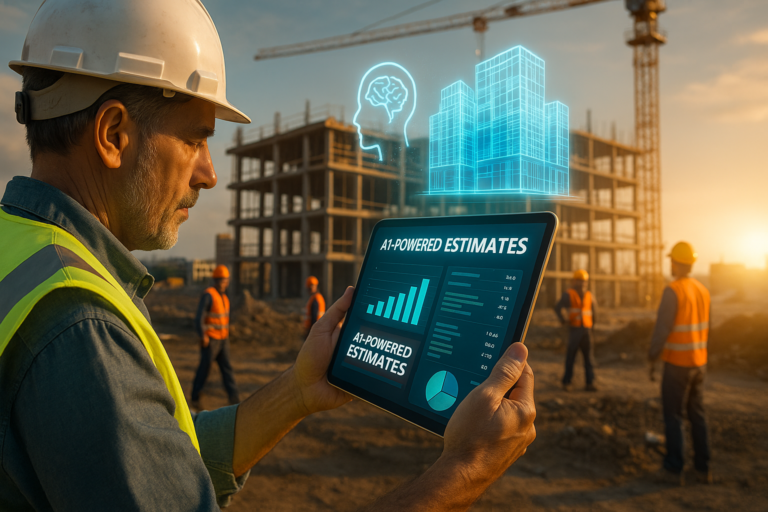 A construction worker in a hard hat and safety vest uses a tablet displaying "AI-Powered Estimates" with charts and graphs, while a holographic image of a building and a brain hovers above a construction site at sunset.