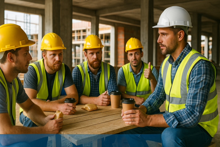 Construction team collaboration: Five workers in yellow vests and helmets to discuss project progress over coffee on a jobsite.