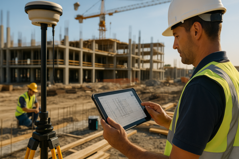 Construction worker in a hard hat using a tablet for GNSS in construction at a jobsite, with a building under construction in the background.