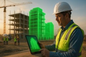Construction worker in a safety vest and hardhat using a tablet for construction sustainability metrics, with a holographic green building model at a jobsite.