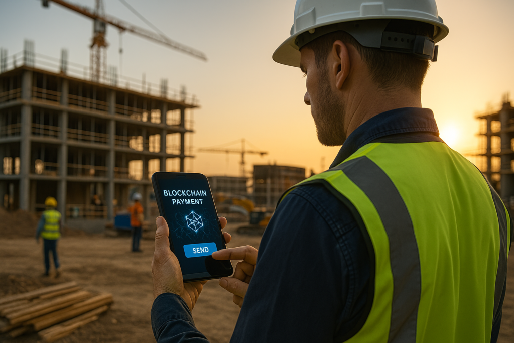 Construction worker in a yellow vest and helmet using a smartphone for construction blockchain payments at a jobsite with cranes and buildings in the background.