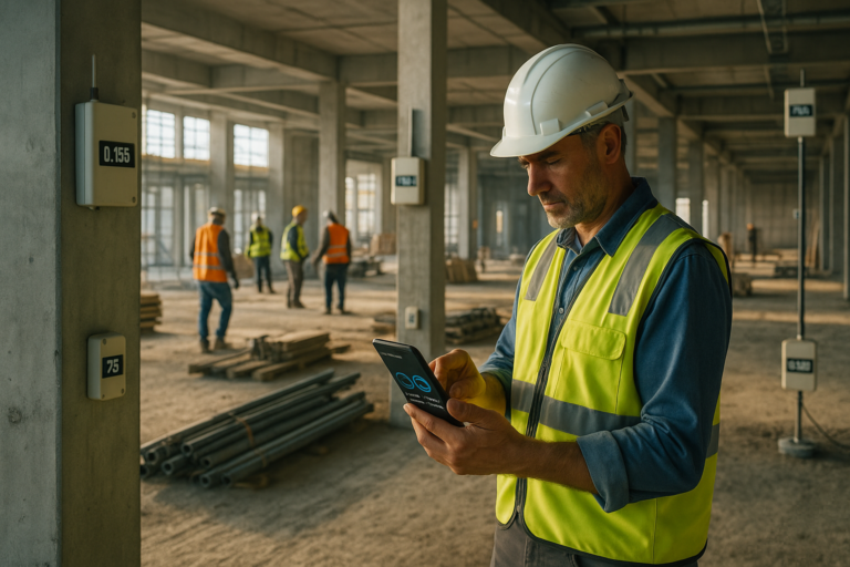 Construction worker in a hard hat and yellow vest using a smartphone for construction site monitoring, with sensors displaying data and colleagues working in the background.