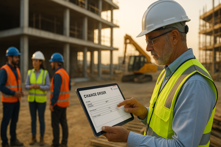 Construction worker in a yellow vest and helmet using tech-enabled solutions for a common headache, reviewing a change order on a tablet at a jobsite with colleagues in the background.