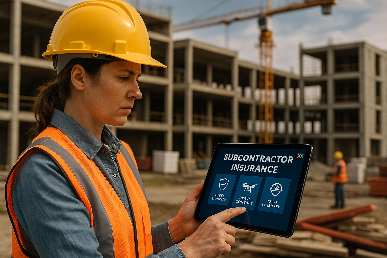 Construction worker in a hard hat and orange safety vest using a tablet displaying "Subcontractor Insurance" options, including liability, drone, and tech coverage, on a jobsite with a building under construction, highlighting subcontractor insurance for digital risks.