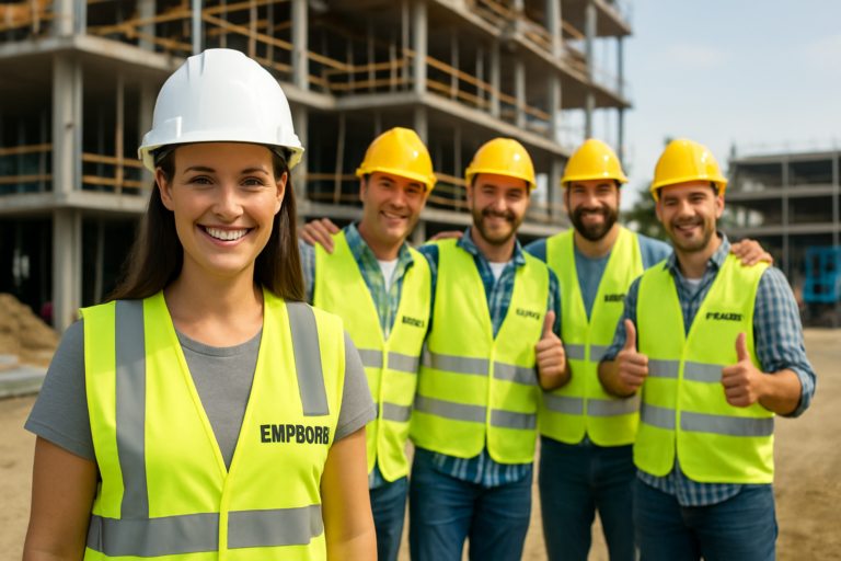 A group of construction workers in branded safety vests and helmets, giving thumbs-up at a job site, emphasizing building your subcontracting brand.