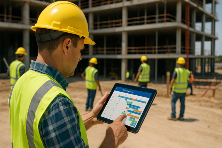Construction manager in a yellow hard hat using digital scheduling software on a tablet to coordinate subcontractors on a jobsite — How to Keep Subs from Getting Bottlenecked.