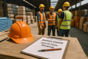 Construction workers discussing just-in-time supply chain thinking with clipboard and helmet on a table in a warehouse.