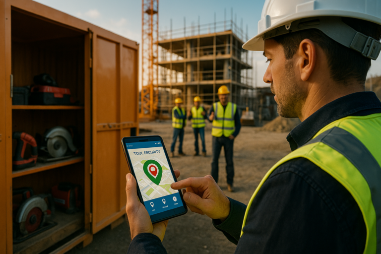 Construction worker on a jobsite using a smartphone app for "tool security" with a GPS location pin, in front of an open tool storage cabinet and other workers, highlighting modern tool theft prevention.