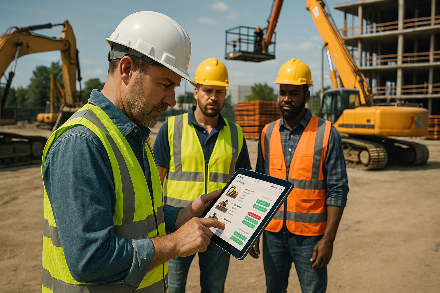 Three construction workers wearing safety vests and hard hats stand on a construction site, reviewing a tablet displaying an equipment sharing app. Heavy machinery and a partially built structure are visible in the background.