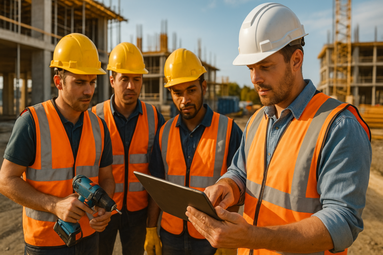 Construction workers in orange safety vests and yellow helmets receiving tablet-based Tech Training on the Tools.