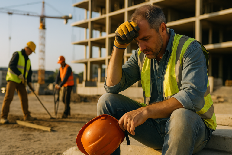 A construction worker sitting on a curb with hand on head, showing signs of jobsite fatigue, with other workers and a building site in the background.